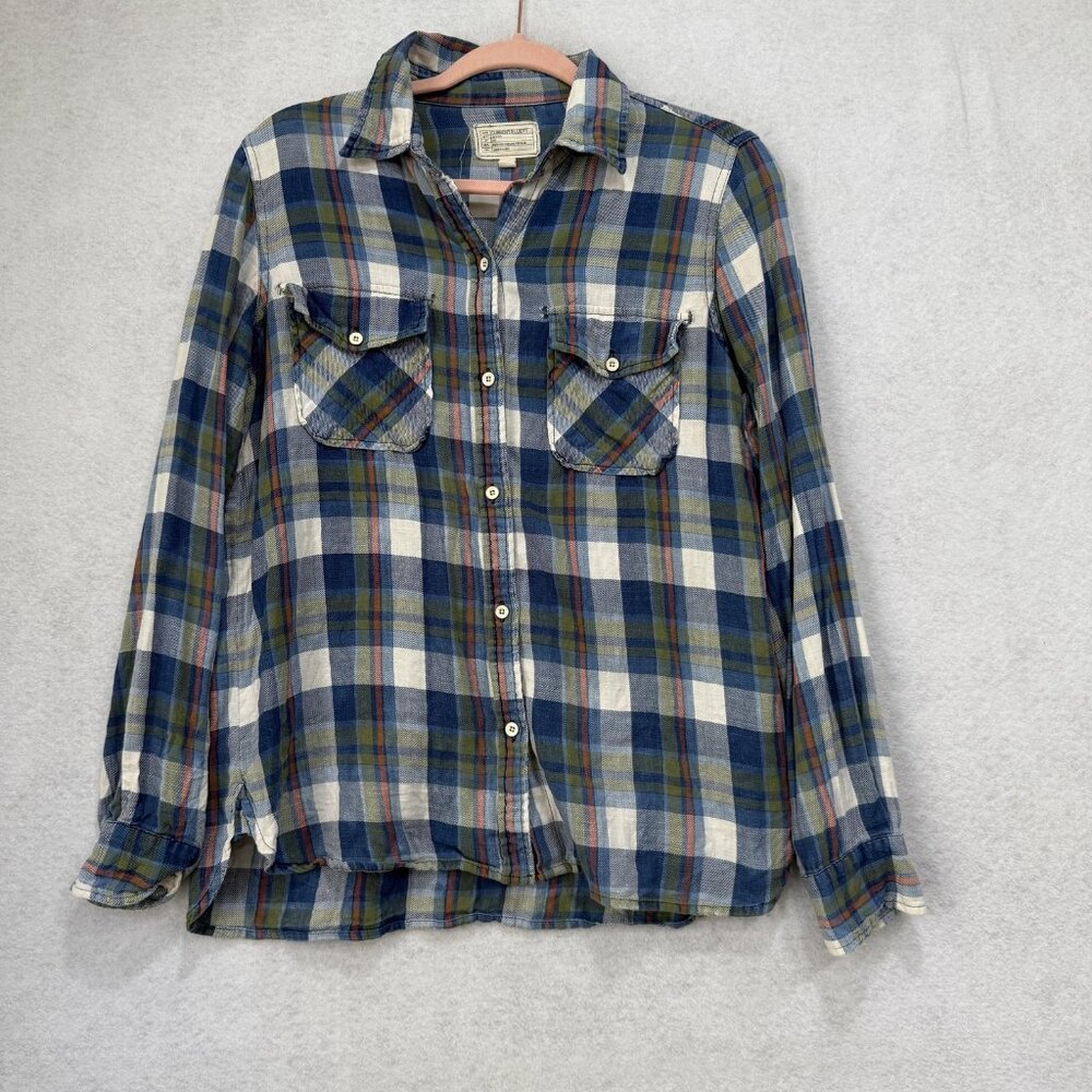 Current/Elliott Shirt Womens Medium Blue Green Plaid Button Down Long Sleeve